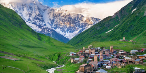 Ushguli village at the foot of Mt. Shkhara,Upper Svaneti, Georgia.